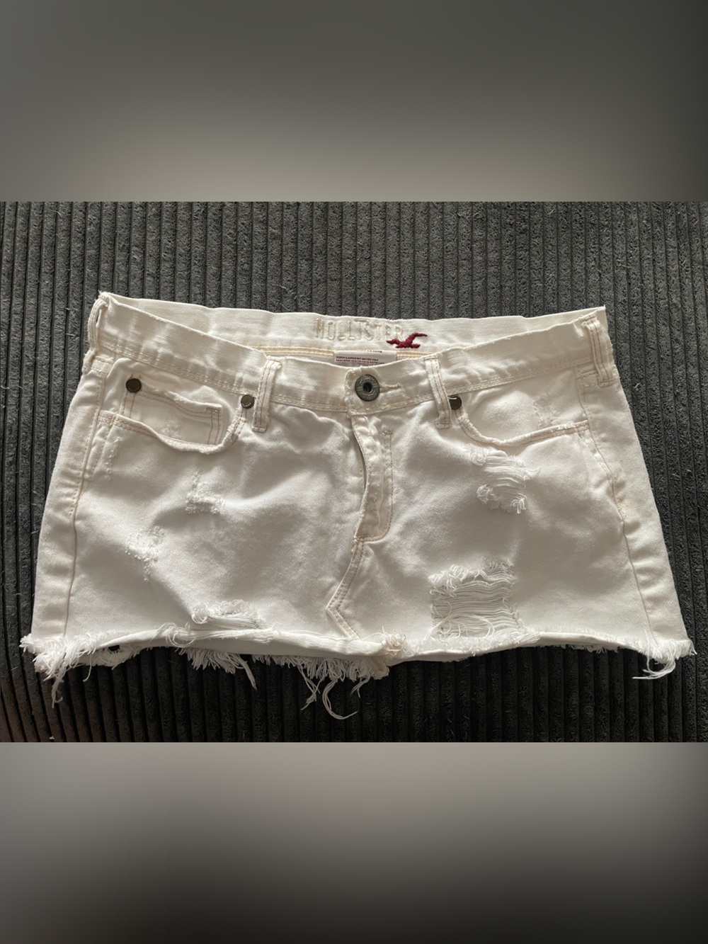 Y2K Hollister White Distressed Denim Skirt with Red Logo